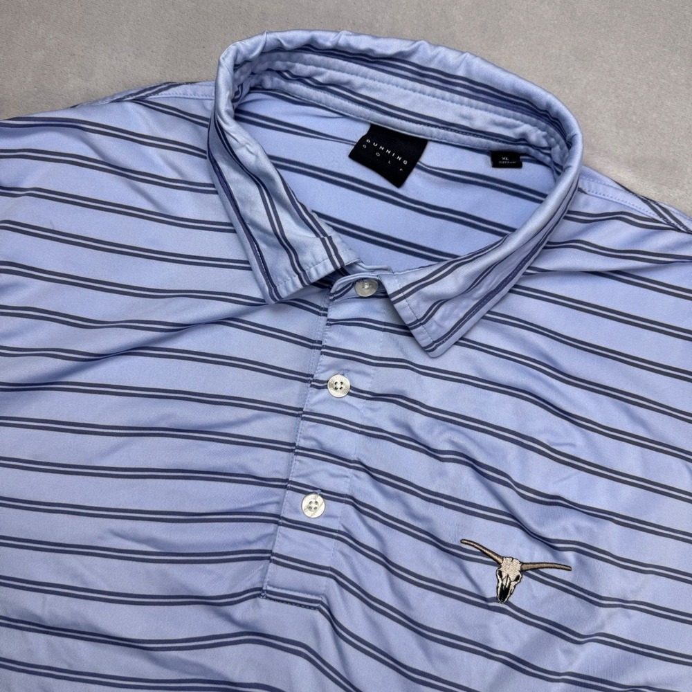 Dunning Golf Mens XL Blue Striped Performance Polo Shirt Longhorn Skull Logo